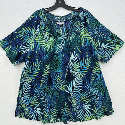 Catherines Top Womens 2X Blue Green Tropical Lightweight Blouse Shirt Tassels