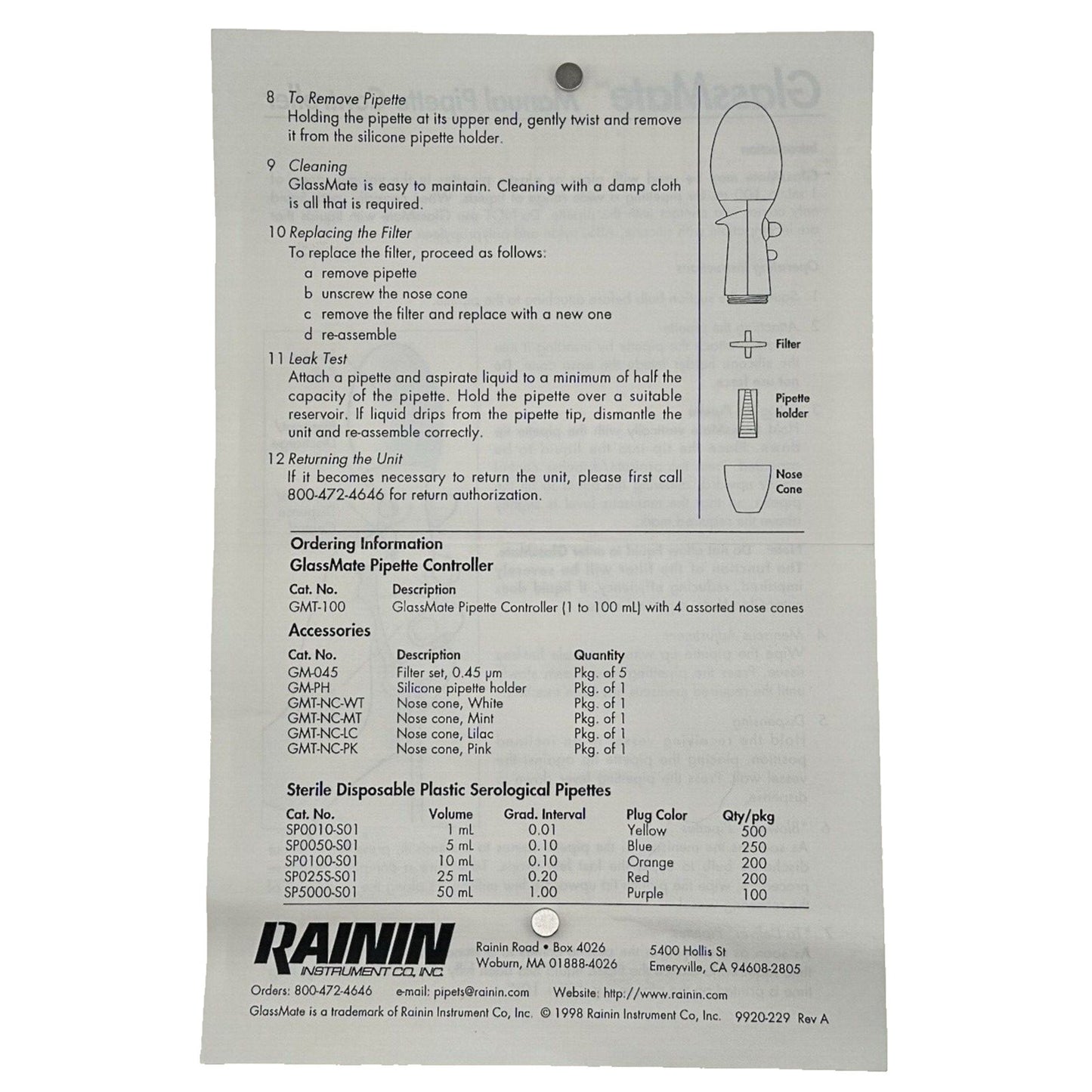 Rainin GlassMate Pipette Filler 1-100ML