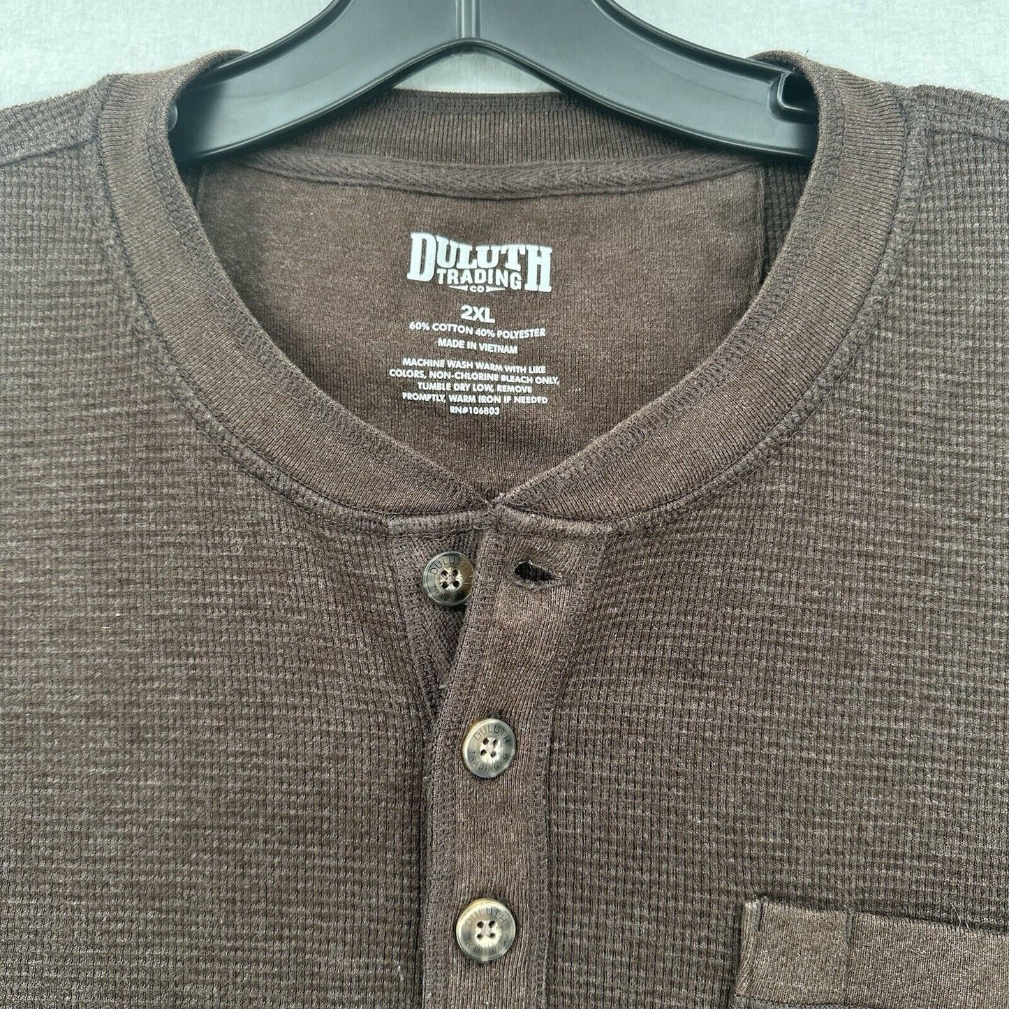 Duluth Trading Shirt Mens 2XL Henley Waffle Knit Thermal Brown Long Sleeve Work