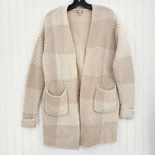 Toad Co Sweater Womens Small Cardigan Wool Blend Plaid Beige Cream Open Cozy