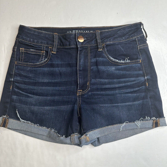 American Eagle Hi Rise Shortie 10 Super Stretch Dark Blue Jean Denim Short Fray