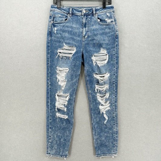 American Eagle Jeans Womens 8 Mom High Rise Blue Stretch Denim Distressed Grunge