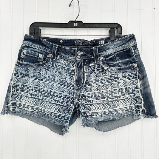 MISS ME Shorts Womens 33 Cut Off Blue Denim Distressed Rhinestones Western Aztec