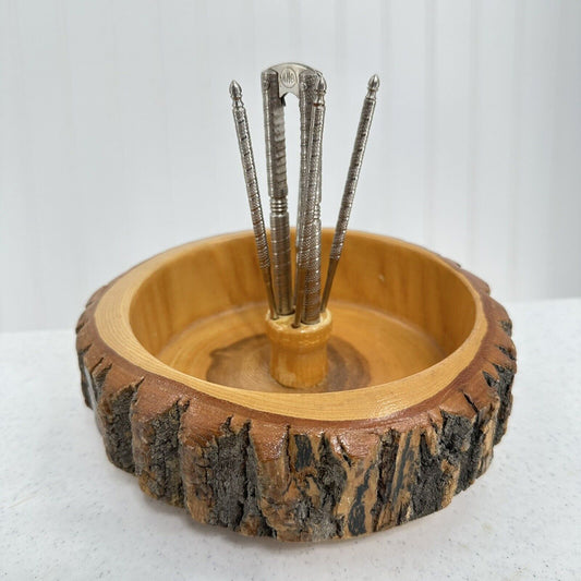 Vintage Walnut Nut Bowl With Nut Cracker & 4 Picks 8" Rustic Wood Farmhouse Dish