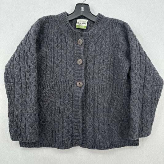 Shannon Woolen Mills Sweater XS Merino Wool Cardigan Gray Ireland Aran Fisherman