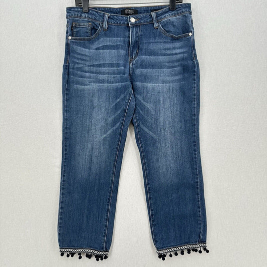 Judy Blue Jeans Womens 11 30 Straight Leg Crop Blue Denim Pom Pom Embroidery Hem