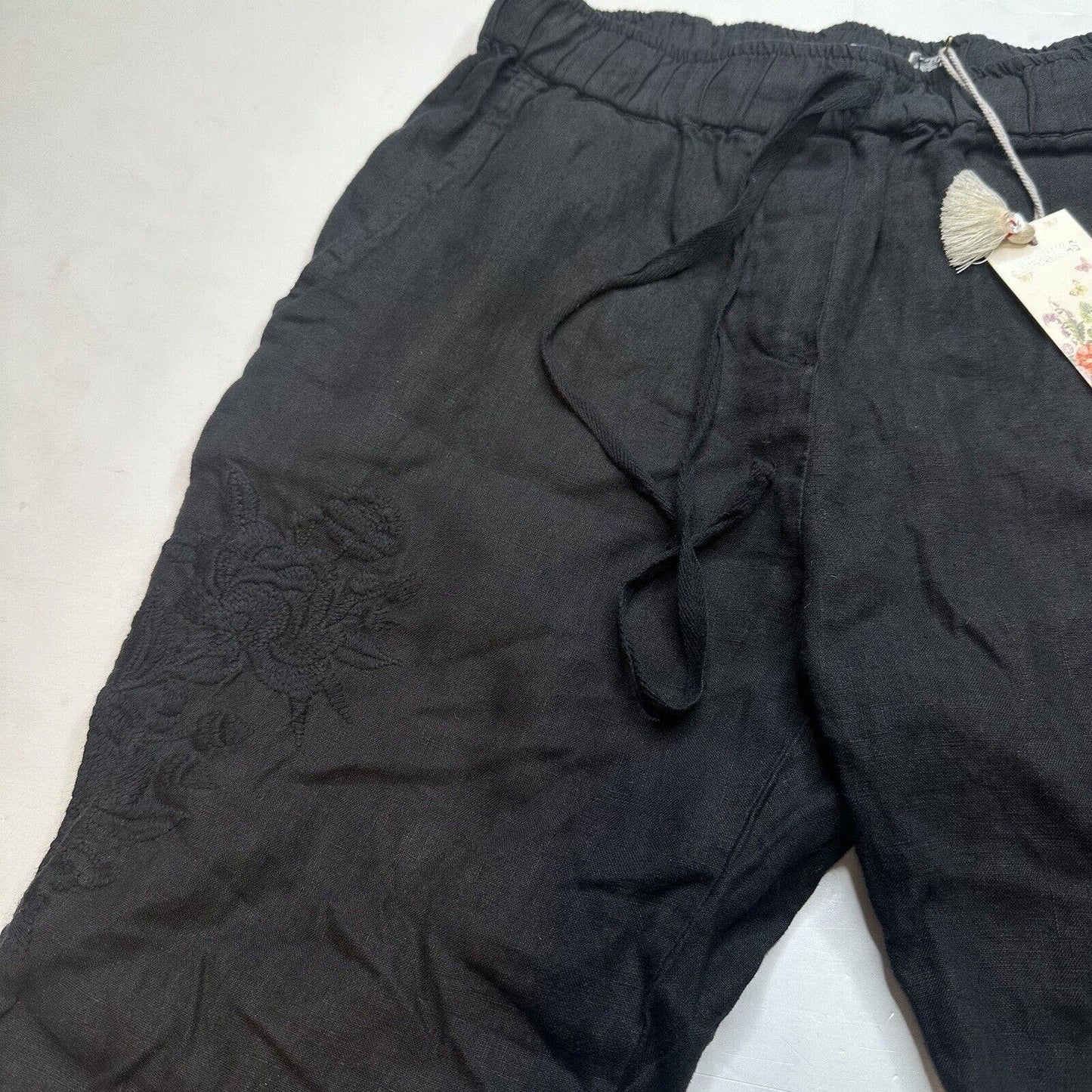 Johnny Was Sadie Jogger Womens XS Black 100% Linen Pants Floral Embroidery NEW