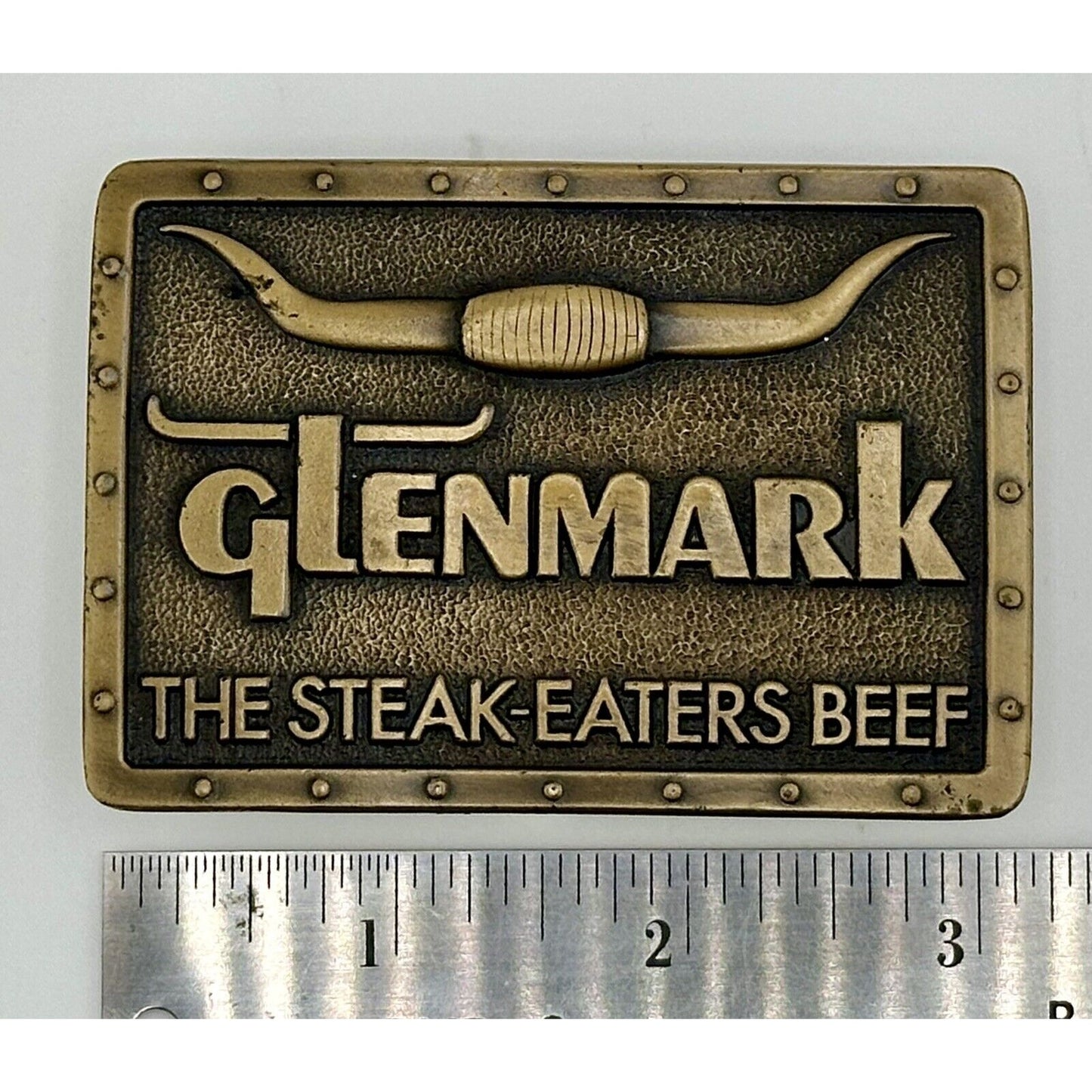 1978 Glenmark "The Steak-Eaters Beef" Vintage Brass Belt Buckle Longhorn