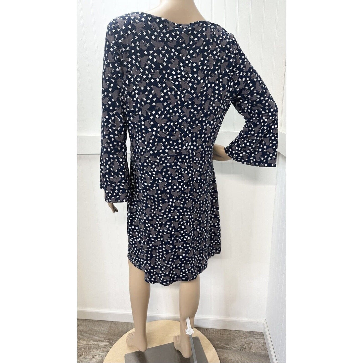 Boden Dress Womens US12 Casual Stretch Jersey Knit Blue Bird Print Pattern Boho