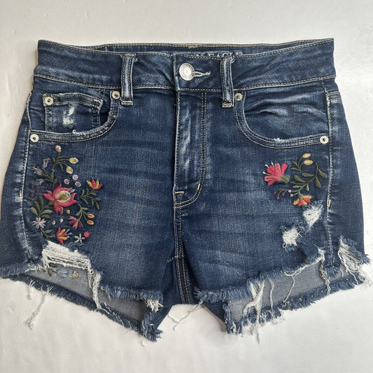 American Eagle Hi Rise Shortie 6 Next Level Stretch X Denim Floral Embroidery