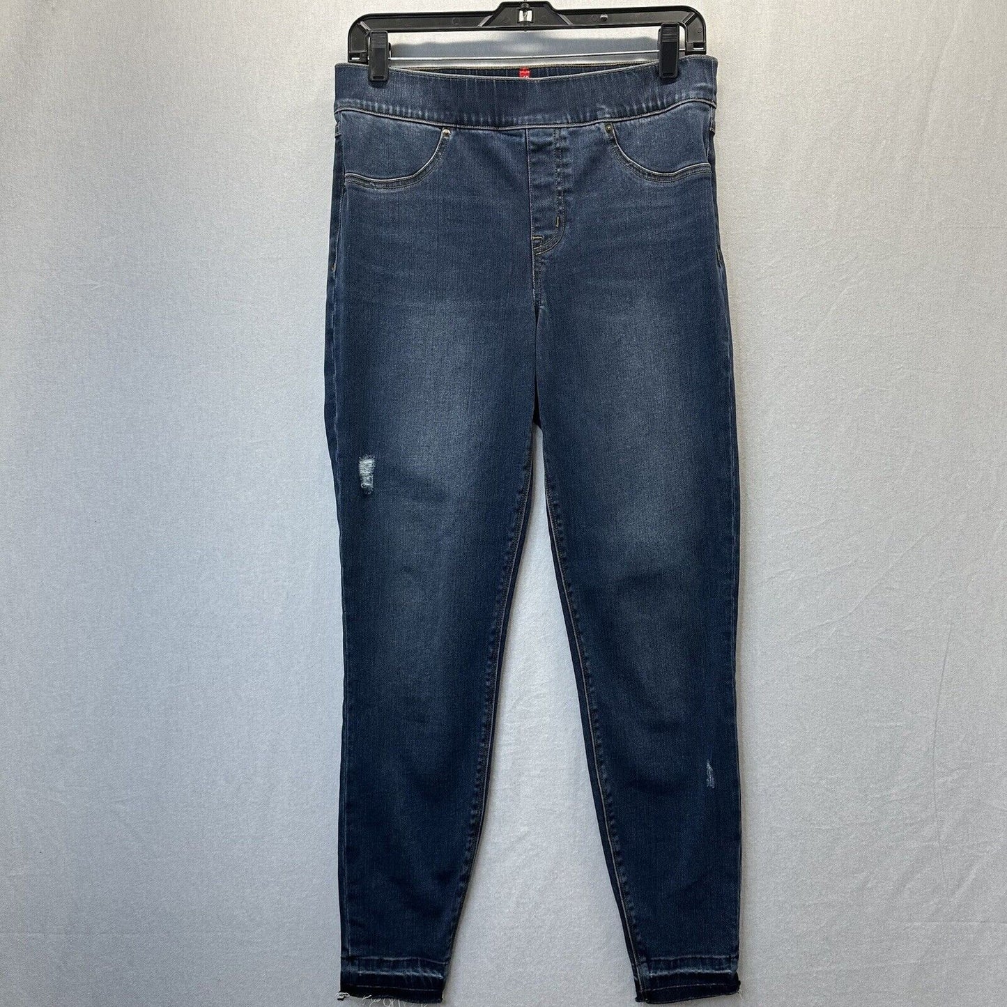 Spanx Jeans Womens Medium Ankle Skinny Blue Pull On Denim Distressed Fray EUC