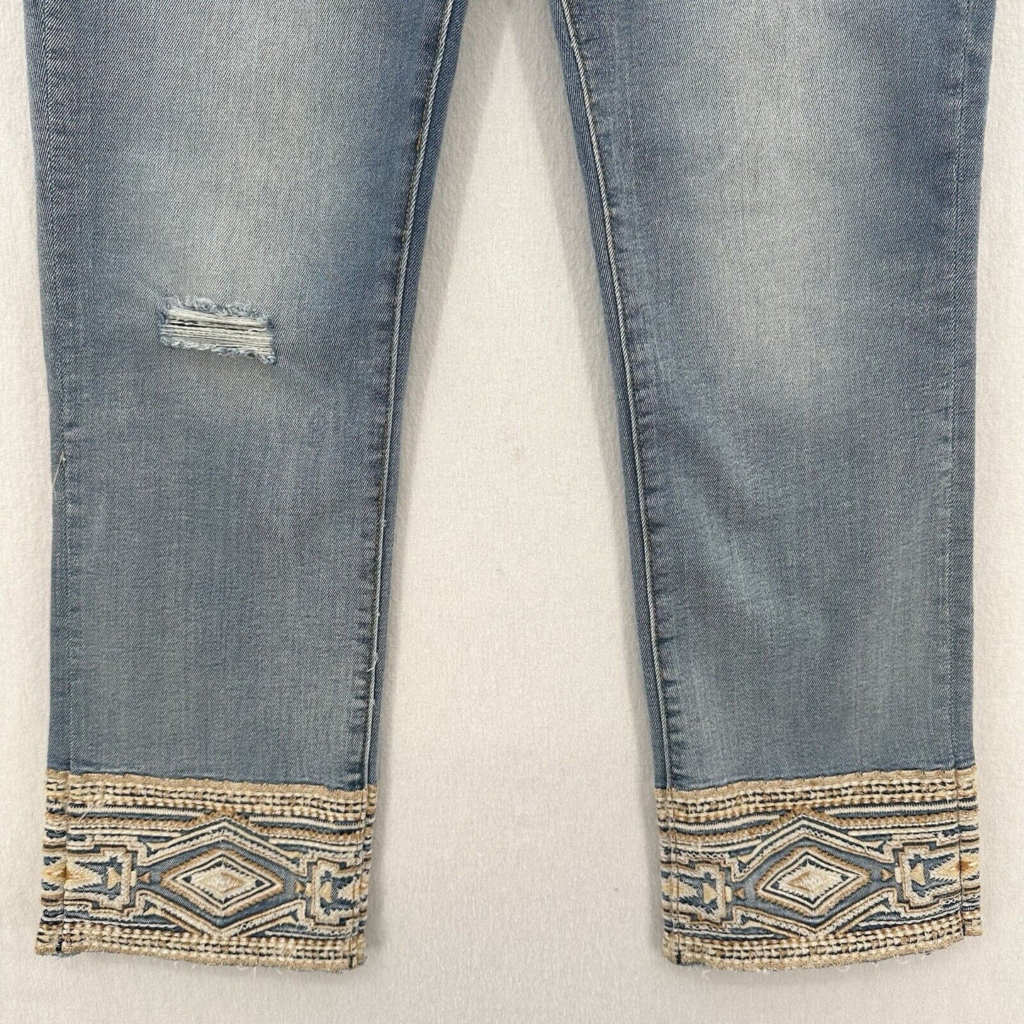 Driftwood Jeans Women 29 Colette Straight Crop Blue Stretch Denim Embroidery Hem