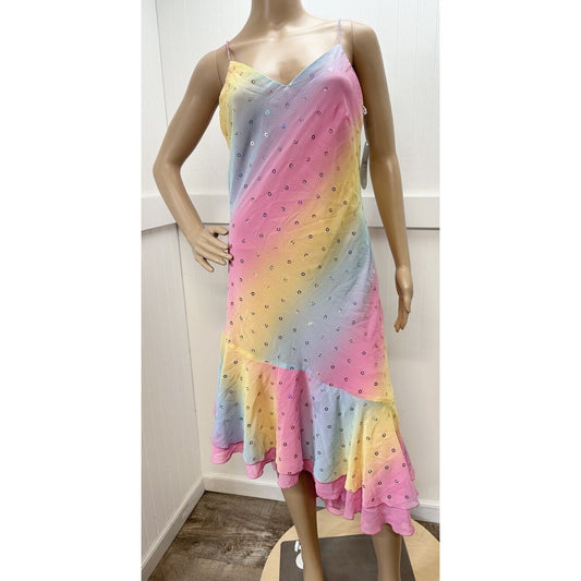 Maria Bonita Dress Womens Medium Pink Rainbow Vintage Asymmetrical *Flaw NEW