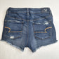 American Eagle Hi Rise Shortie 8 Super Stretch Blue Jean Denim Distress Crochet