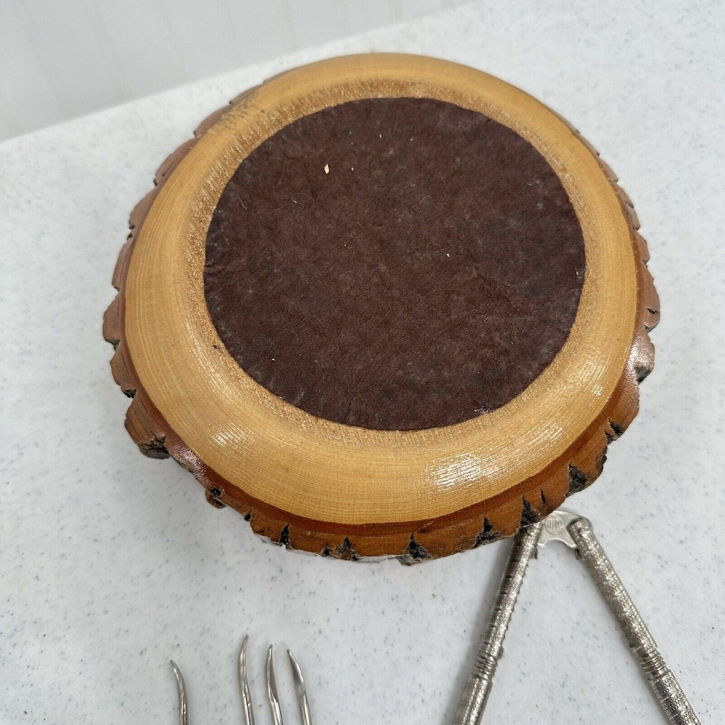 Vintage Walnut Nut Bowl With Nut Cracker & 4 Picks 8" Rustic Wood Farmhouse Dish