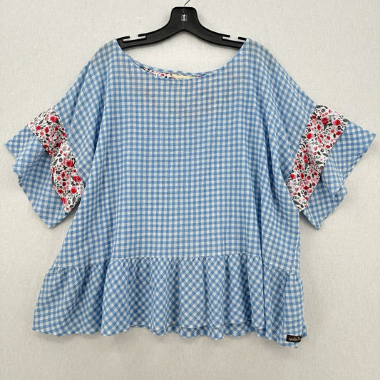 Matilda Jane Top Women XXL Blue Gingham Floral Lightweight Ruffle Cottage Blouse