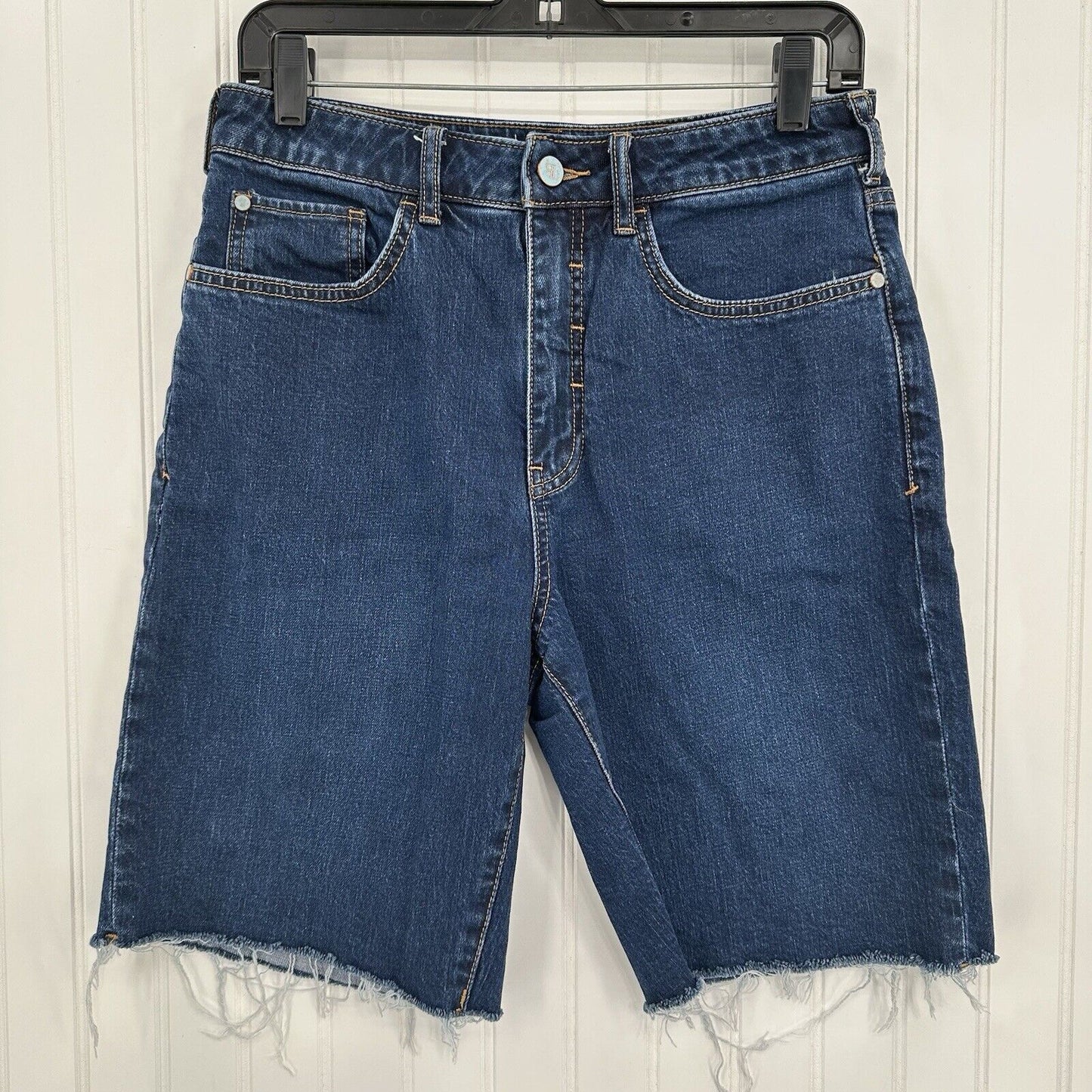 PILCRO Shorts Womens 29 Bermuda High Rise Blue Jean Denim Raw Fray Anthropologie