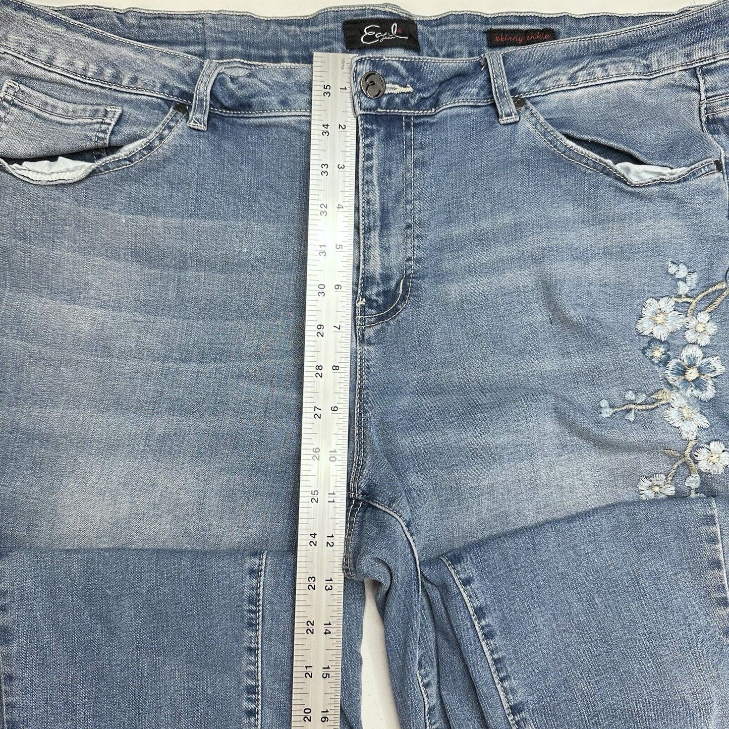 Earl Jeans Womens 20W Skinny Ankle Floral Embroidery Blue Denim Distress Flowers