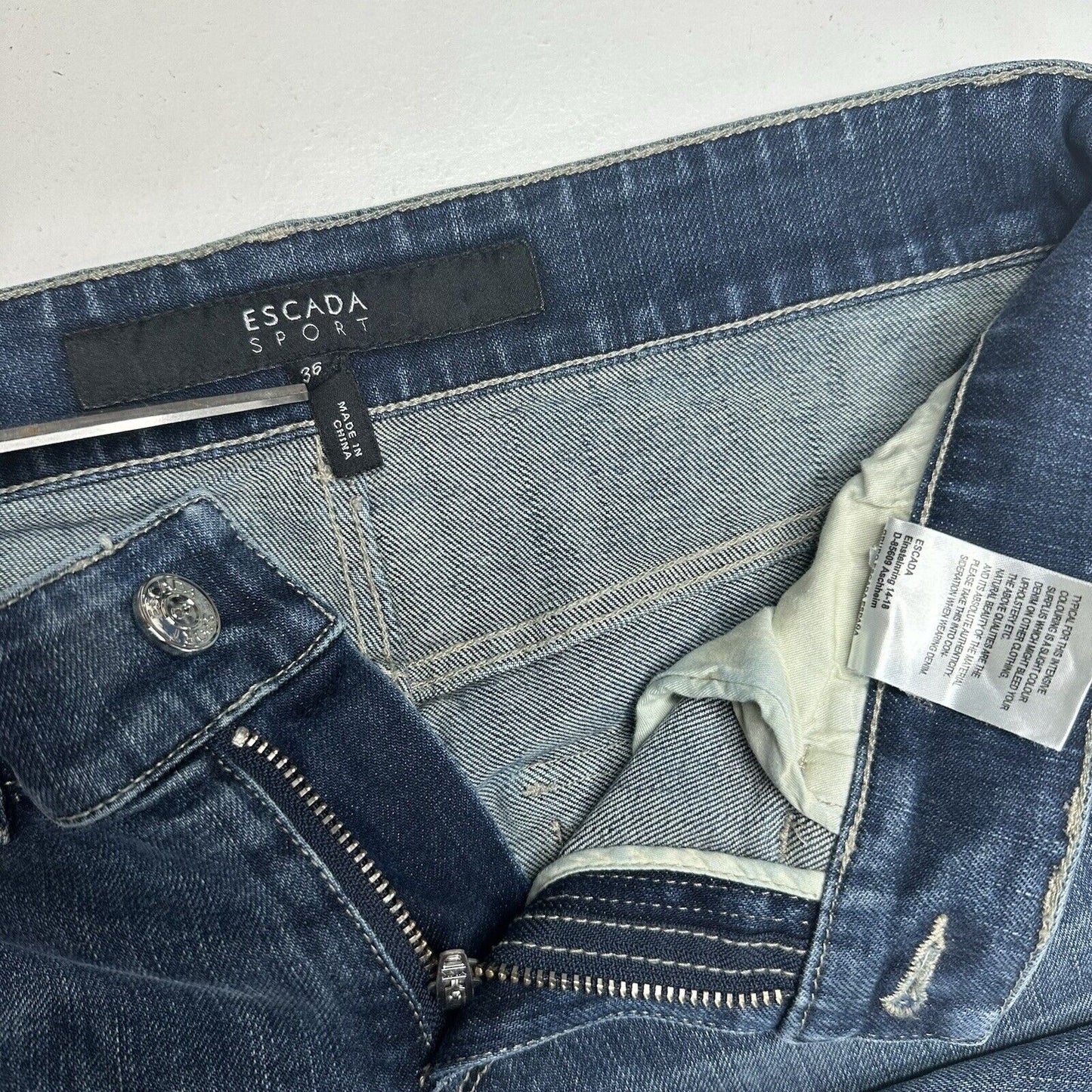 Escada Sport Jeans Womens 6 EUR36 Skinny Blue Selvedge Denim Tie Flaps Distress