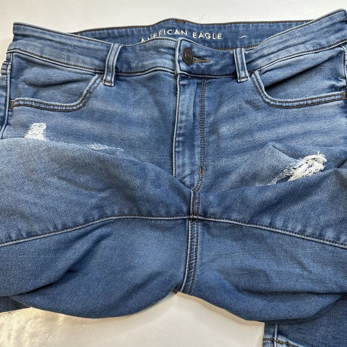 American Eagle Jeans 14 Jegging Hi Rise Next Level Blue Denim Distressed Patches