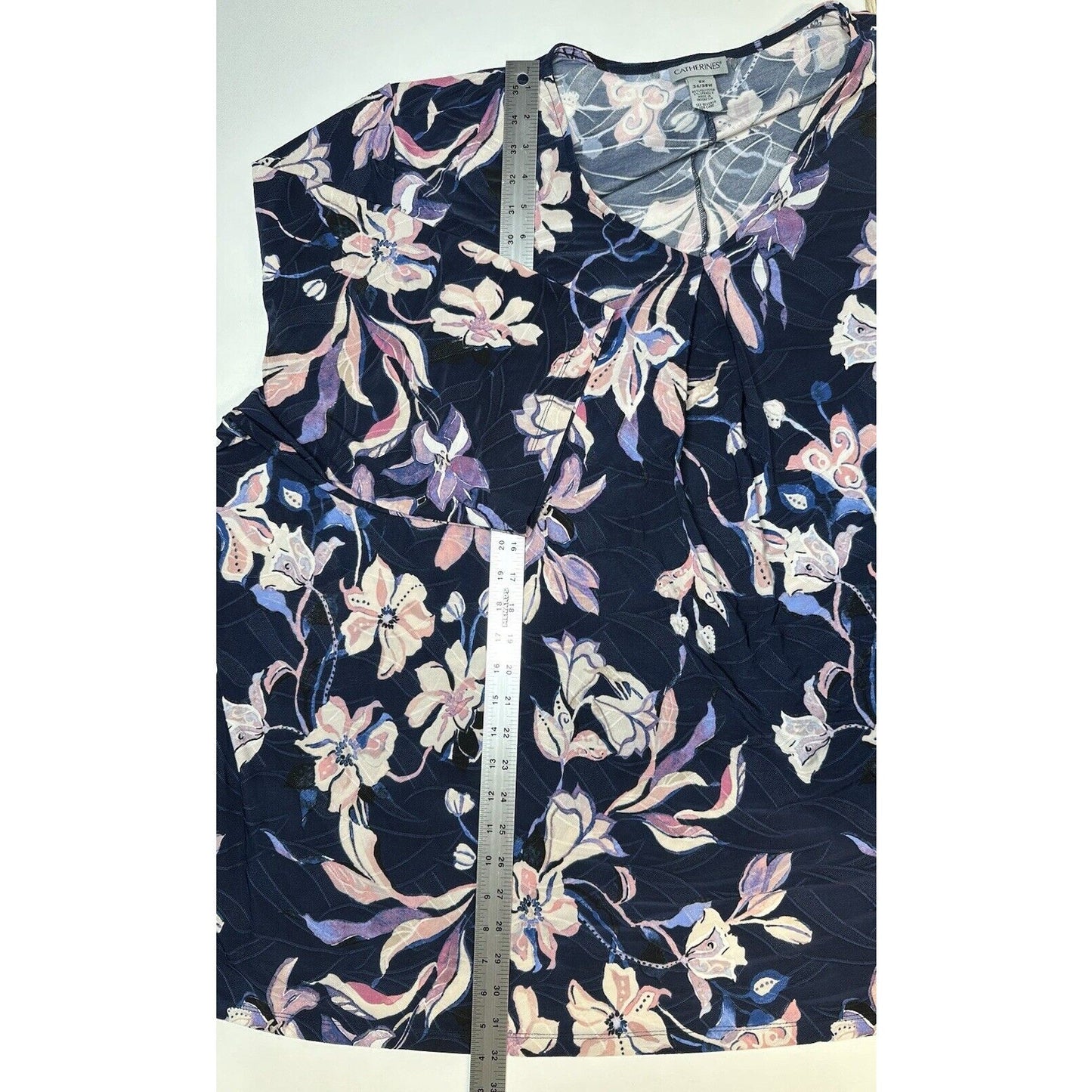 Catherines Top Womens 5X 34/36W Navy Blue Floral Pink Stretchy Blouse Shirt NEW