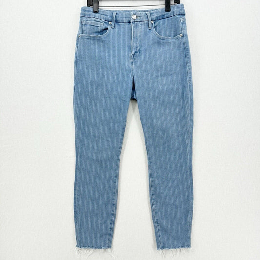 Good American Jeans Women 14 32 Good Legs Crop Skinny Blue Stripes Denim Fray