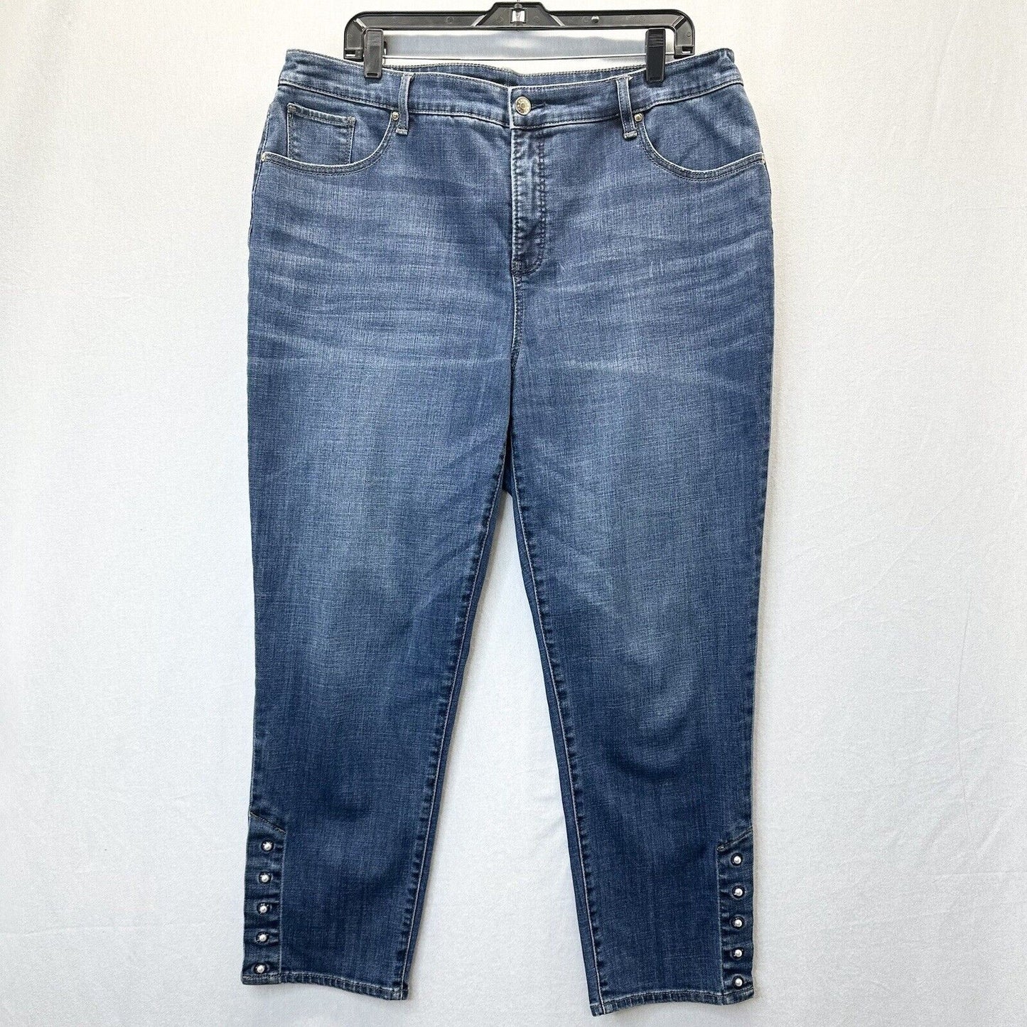 Chicos Jeans 3 US 16 So Slimming Girlfriend Slim Ankle Stretch Blue Denim Pearls