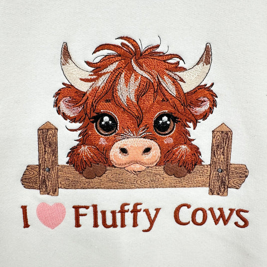 Highland Cow I Love Fluffy Cows Embroidered Unisex Crewneck Sweatshirt