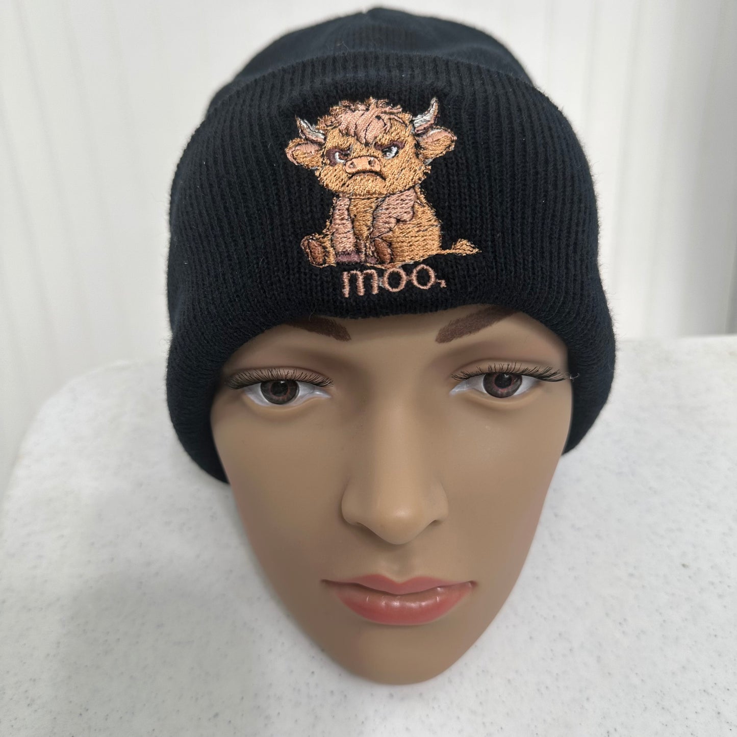 Grumpy Highland Cow Embroidered Beanie Stocking Hat