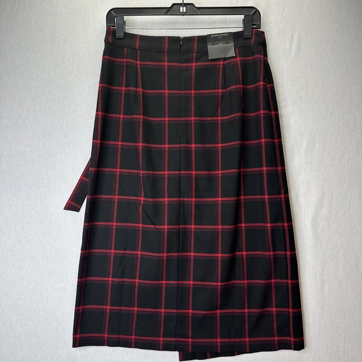 Banana Republic Skirt Women 6 Midi Red Black Plaid Faux Wrap Office Academia NEW