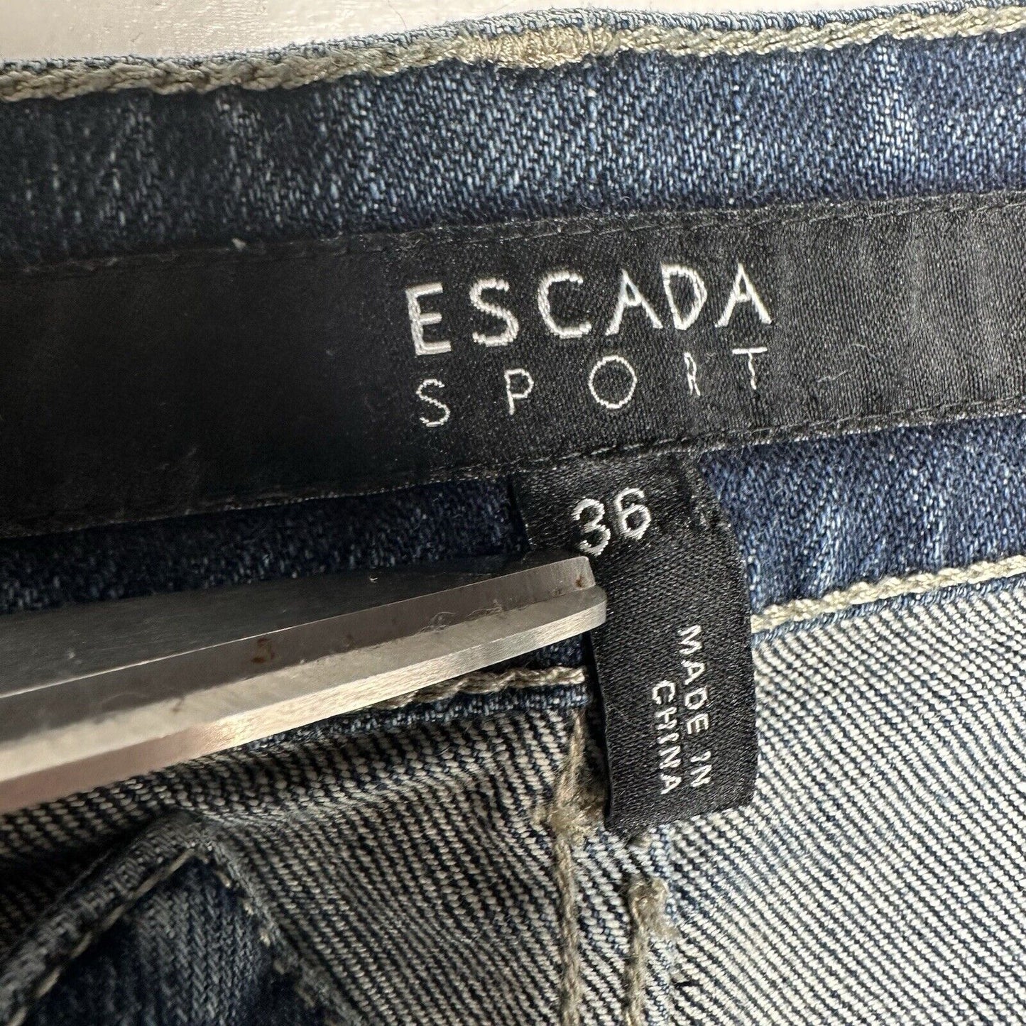 Escada Sport Jeans Womens 6 EUR36 Skinny Blue Selvedge Denim Tie Flaps Distress