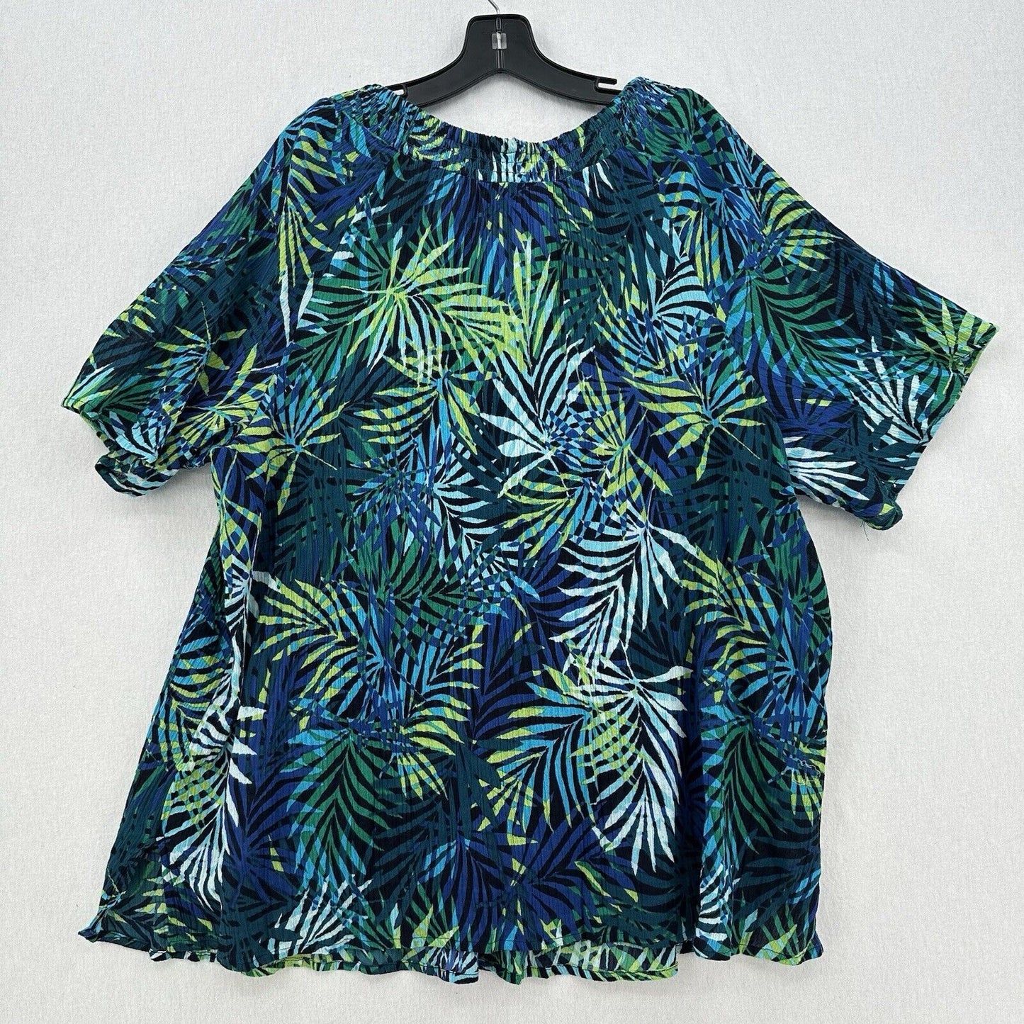 Catherines Top Womens 2X Blue Green Tropical Lightweight Blouse Shirt Tassels