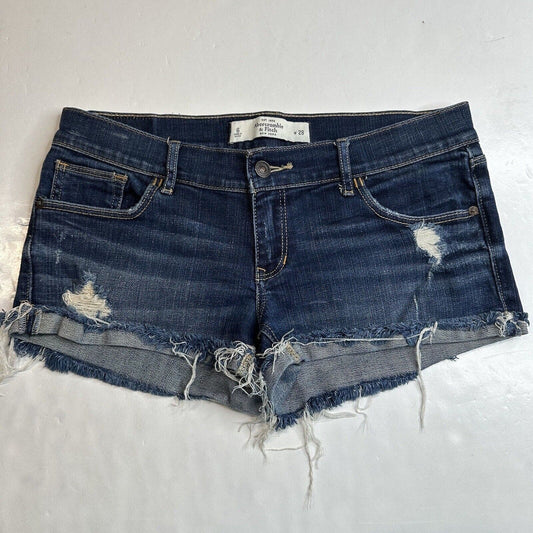 Abercrombie Fitch Shorts 28/6 Lowrise Denim Blue Jean Dark Cuffed Distress Fray