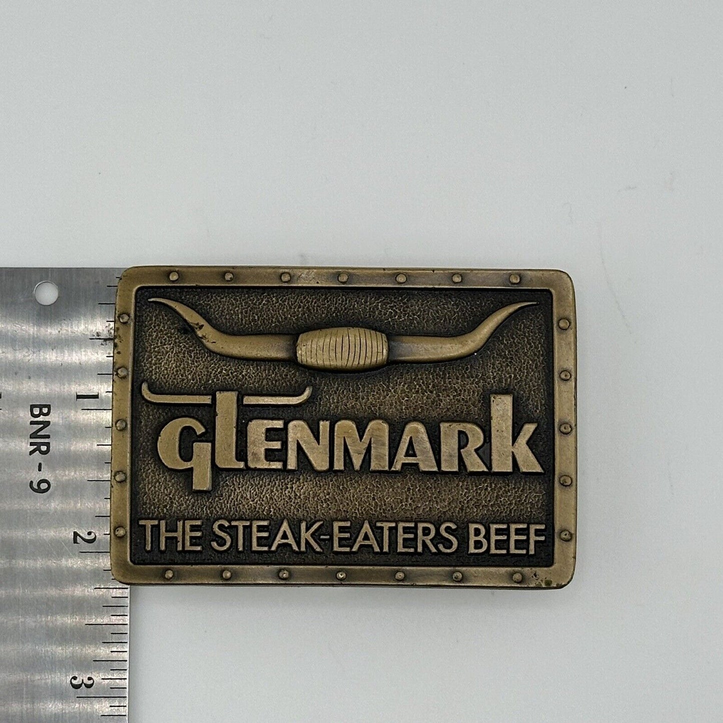 1978 Glenmark "The Steak-Eaters Beef" Vintage Brass Belt Buckle Longhorn