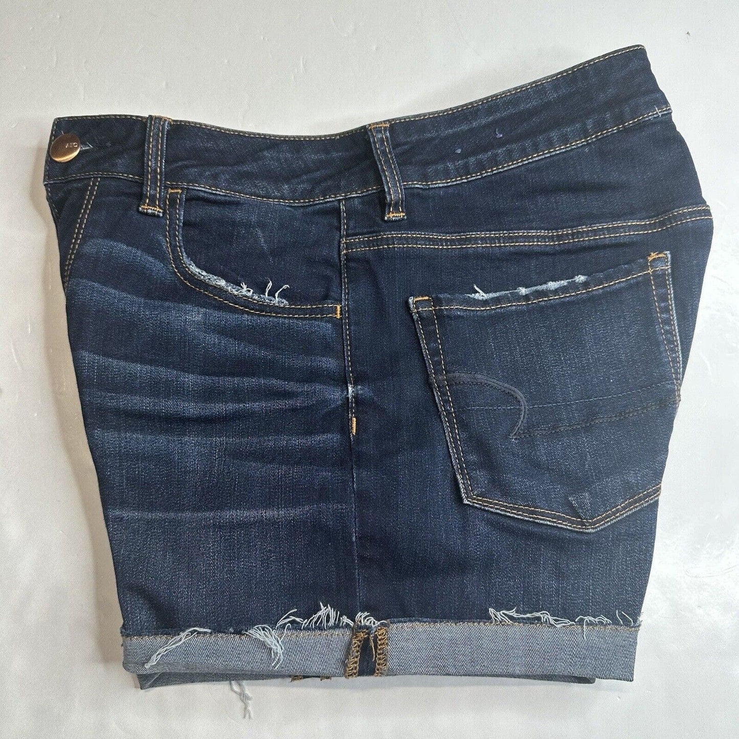 American Eagle Hi Rise Shortie 10 Super Stretch Dark Blue Jean Denim Short Fray