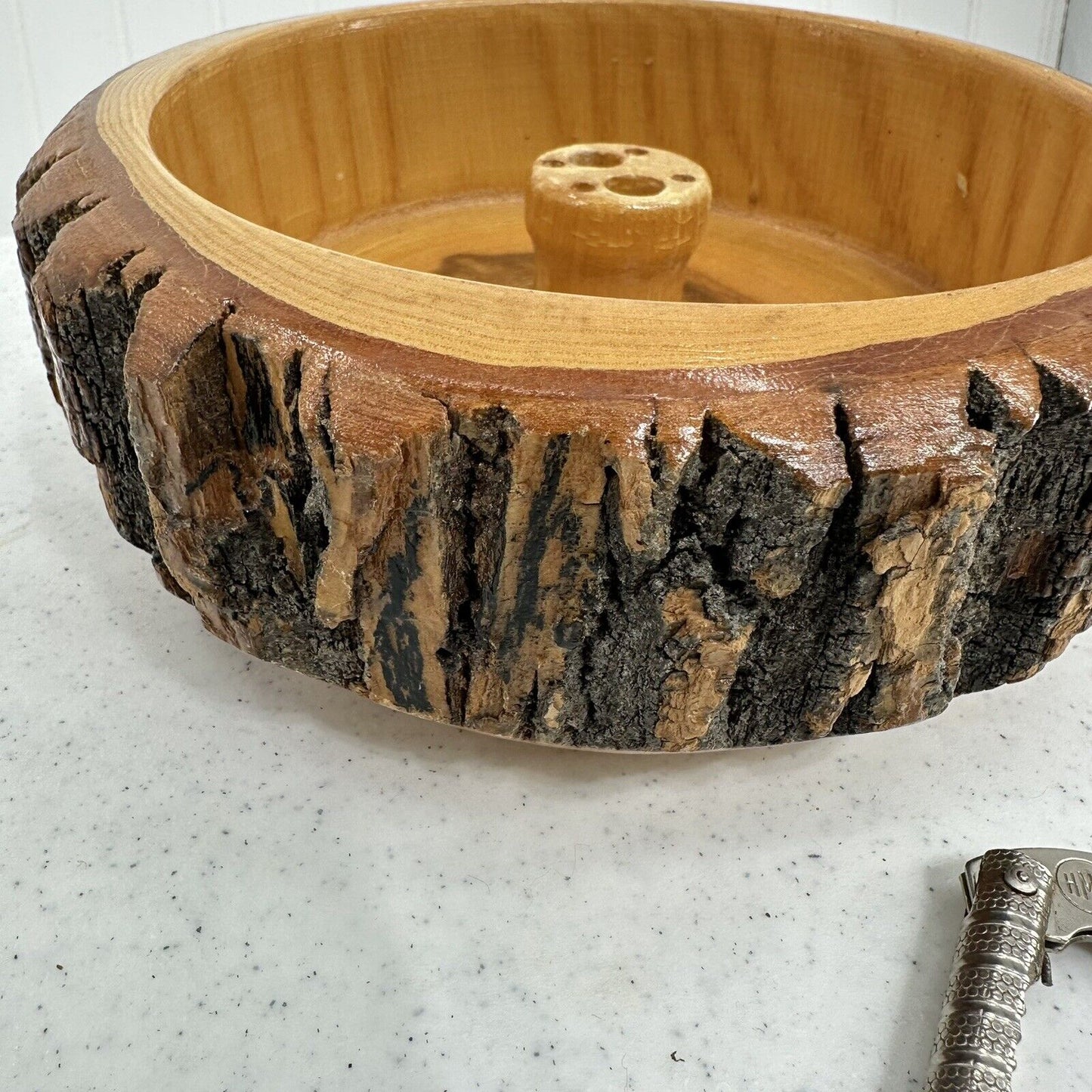 Vintage Walnut Nut Bowl With Nut Cracker & 4 Picks 8" Rustic Wood Farmhouse Dish