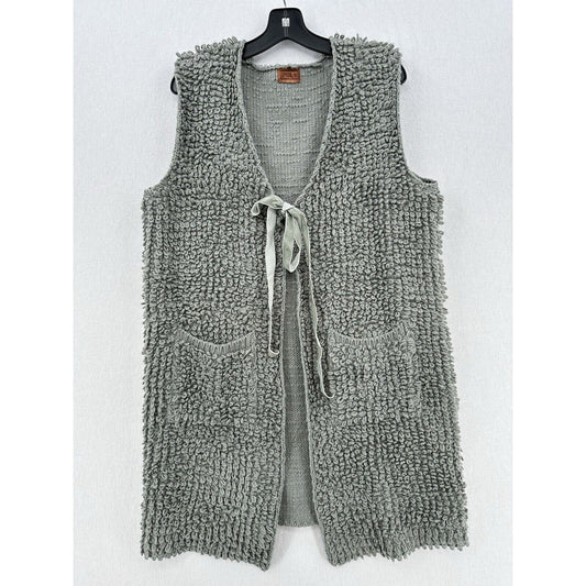 POL Clothing Vest Womens Medium Cardigan Gray Rug Sweater Ribbon Long Boho *Flaw