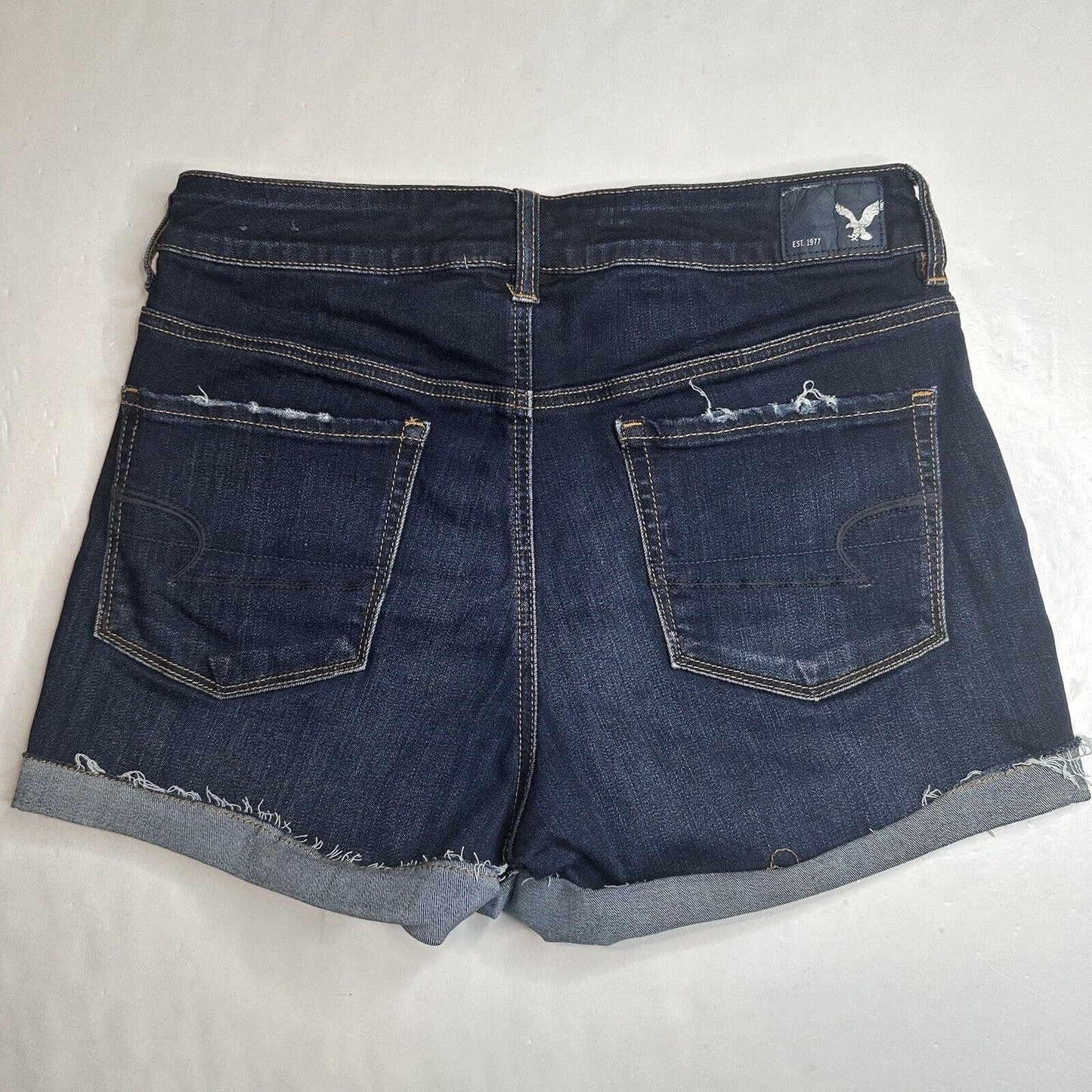 American Eagle Hi Rise Shortie 10 Super Stretch Dark Blue Jean Denim Short Fray