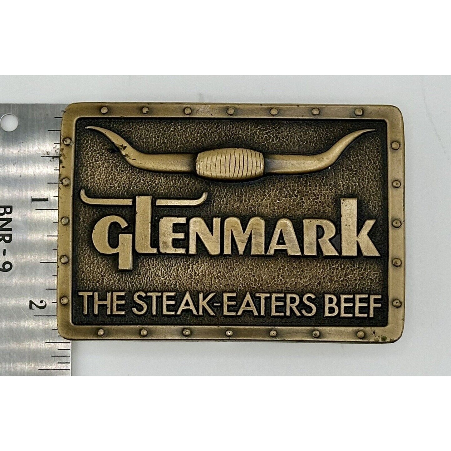 1978 Glenmark "The Steak-Eaters Beef" Vintage Brass Belt Buckle Longhorn