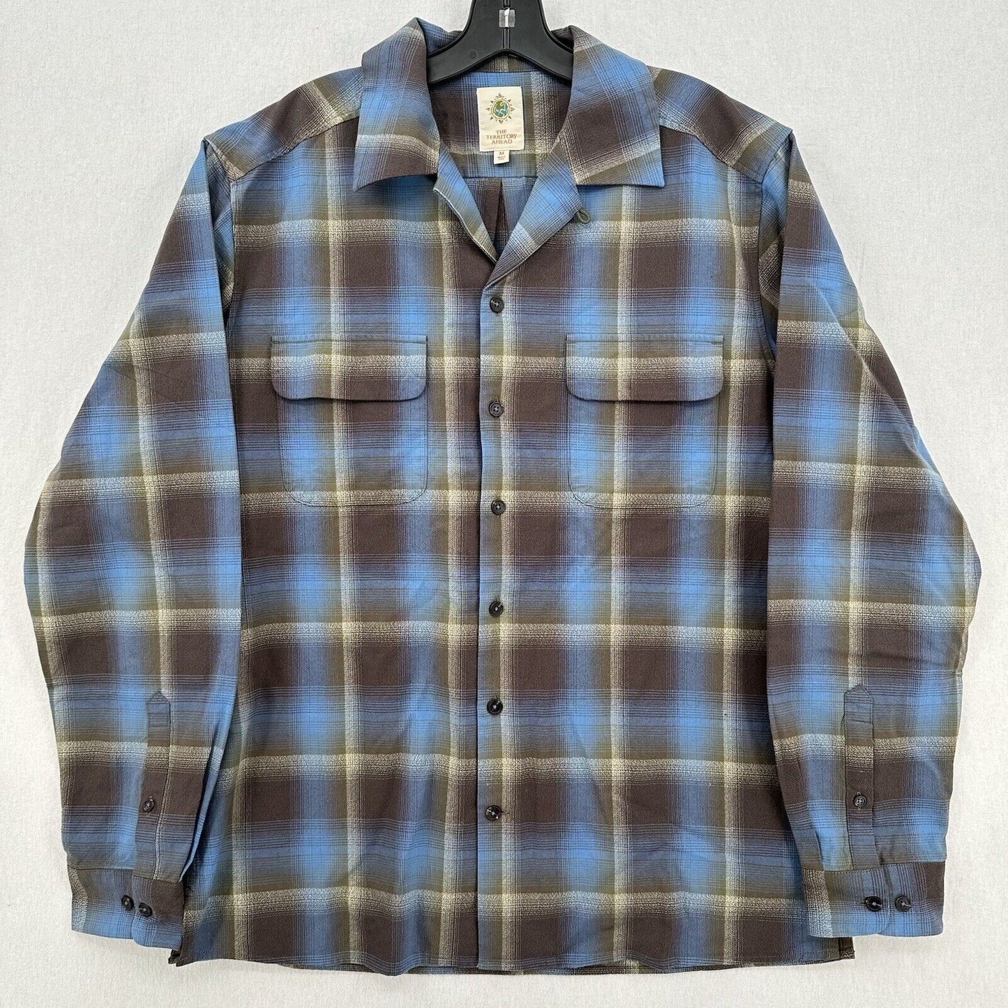 Territory Ahead Shirt Mens Medium Button Up Blue Gray Plaid Western Cowboy EUC