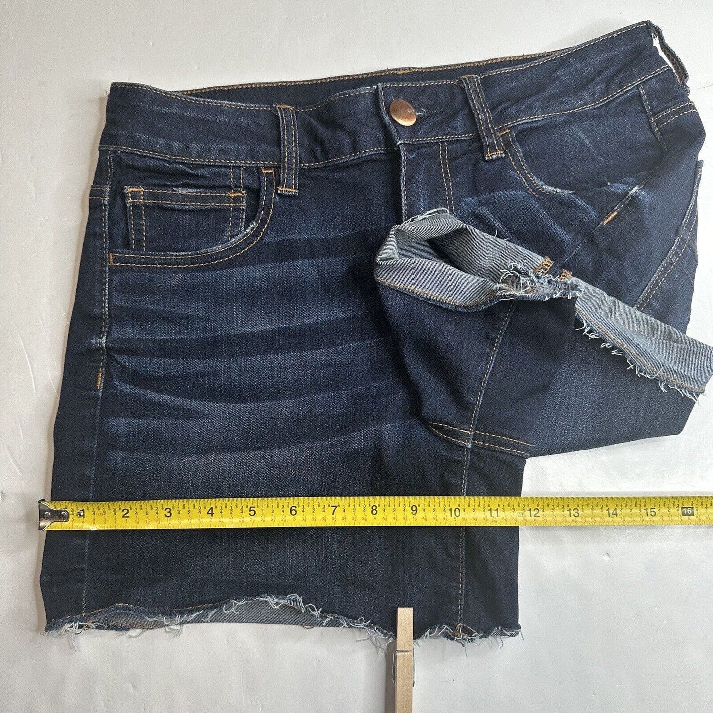 American Eagle Hi Rise Shortie 10 Super Stretch Dark Blue Jean Denim Short Fray