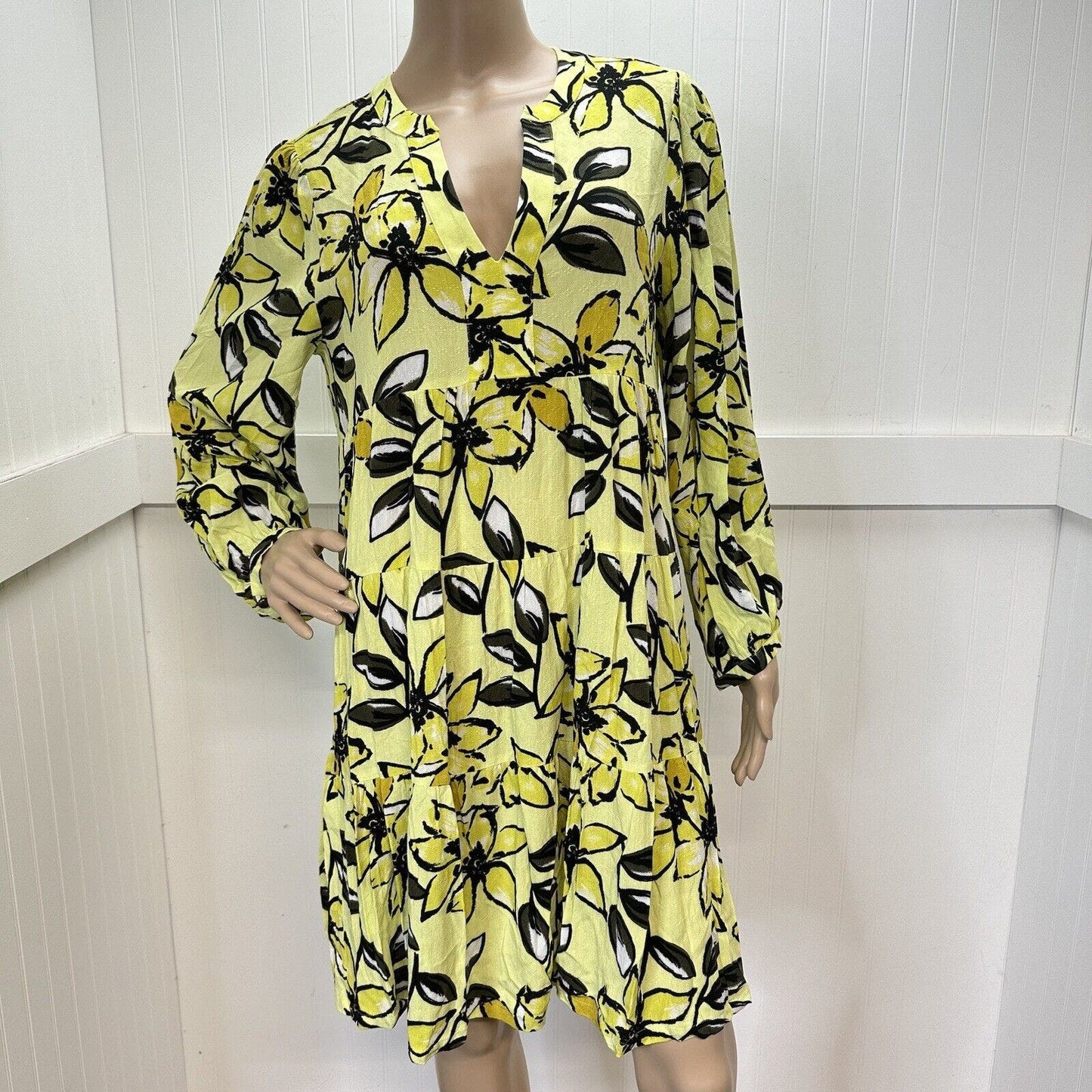 Anthropologie Maeve Dress Large Petite Yellow Floral Amber Tiered Tunic NEW