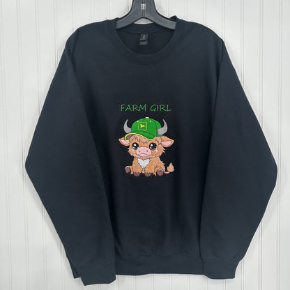 Highland Cow John Deere Farm Girl Embroidered Unisex Crewneck Sweatshirt