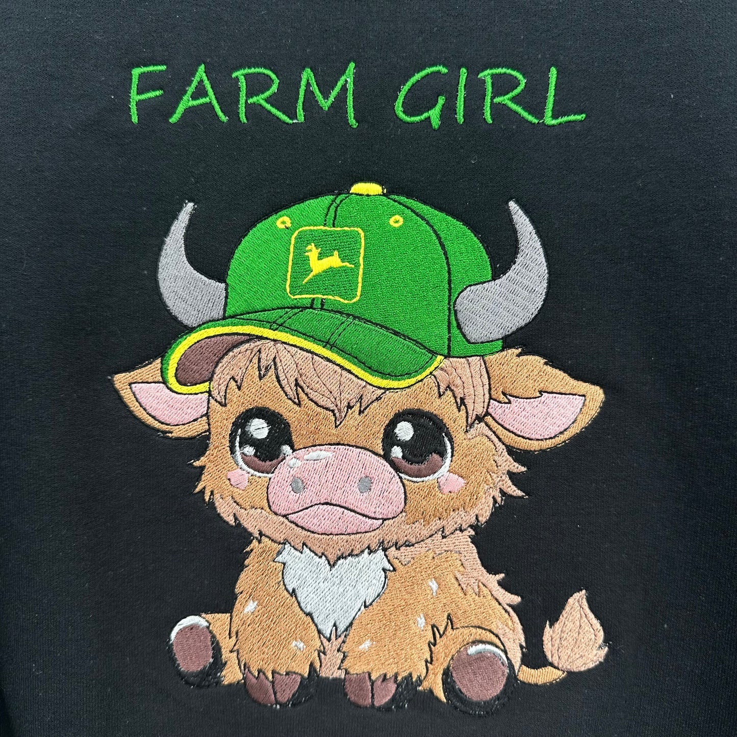 Highland Cow John Deere Farm Girl Embroidered Unisex Crewneck Sweatshirt