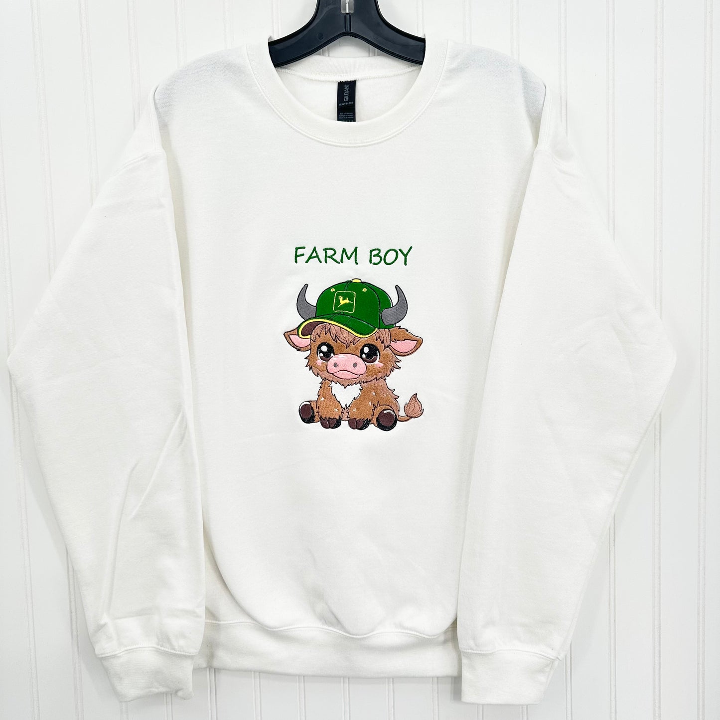 Highland Cow Sweatshirt John Deere Farm Boy Embroidered Unisex Crewneck