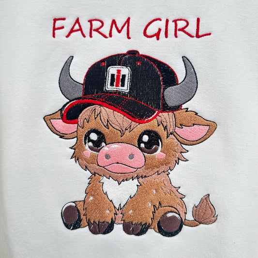 Highland Cow Case IH Farm Girl Embroidered Unisex Crewneck Sweatshirt