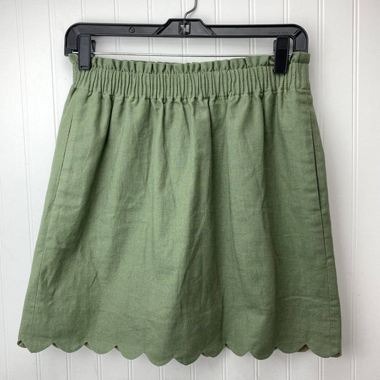 J. Crew Linen Blend Pull On Mini Skirt Sz 2 Green Lined Scalloped Hem Pockets