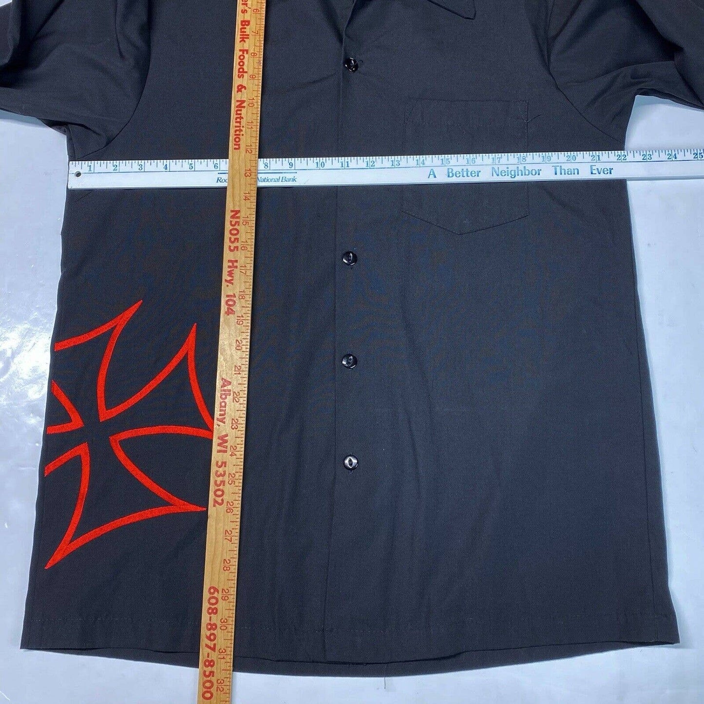 Johnny Suede Button Up Shirt Mens L Black/Red Embroidered Iron Cross Biker USA