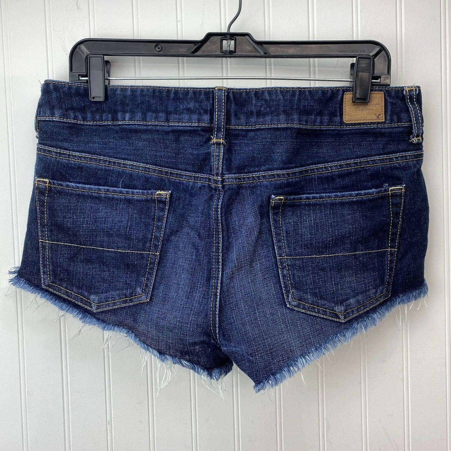 American Eagle Shortie Sz 8 Denim Blue Jean Short Dark Wash Raw Hem 100%Cotton