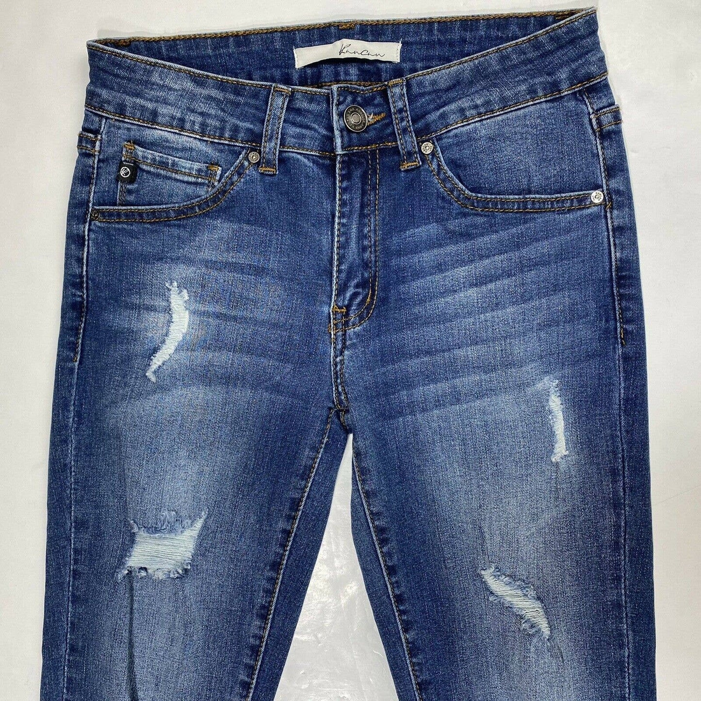 Kancan Capri Sz 1/24 Womens Stretch Denim Crop Jean Distressed Holes Raw Hem NEW